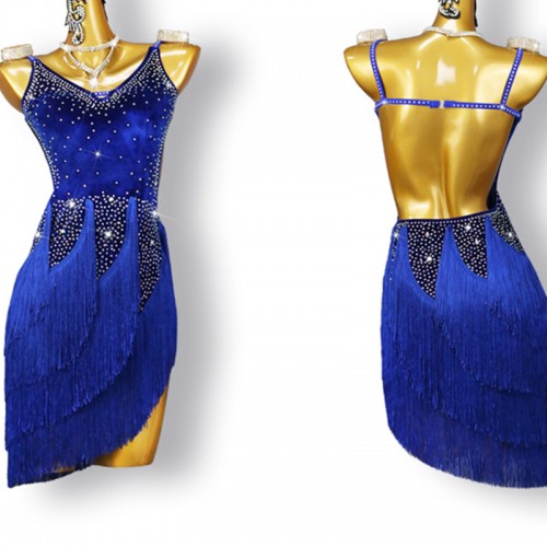 Custom size velvet royal blue fringe competition latin dance dresses for women girls salsa chacha rumba ballroom dance costumes for female